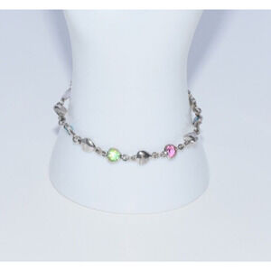 Vintage Italian Sterling Silver & Multi-Color Glass Heart Link Chain 7" Y2K